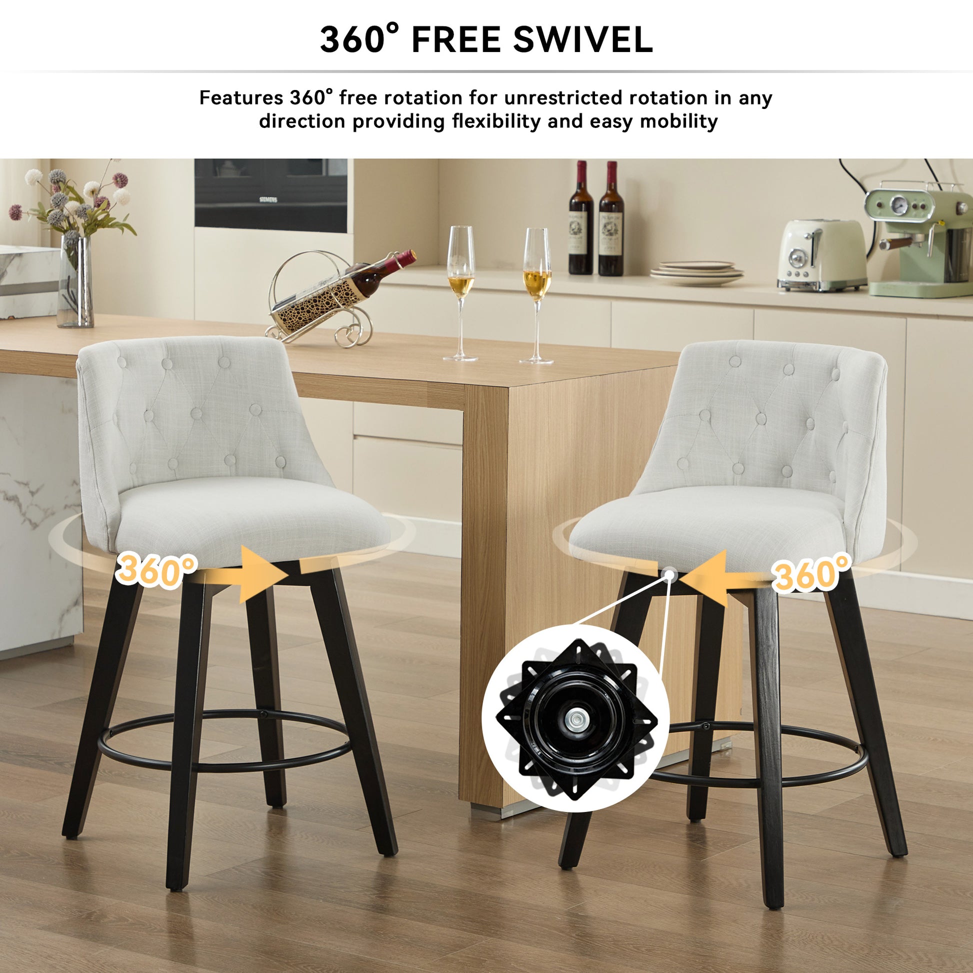 007-360° Swivel Bar Stools Set of 2-Modern 25" Counter Height Stools with Stain-Resistant Line&Button Tufted Back, Solid Wood Frame Barstools for Kitchen Island, Cafe or Home Bar, Easy Assembly White image 2