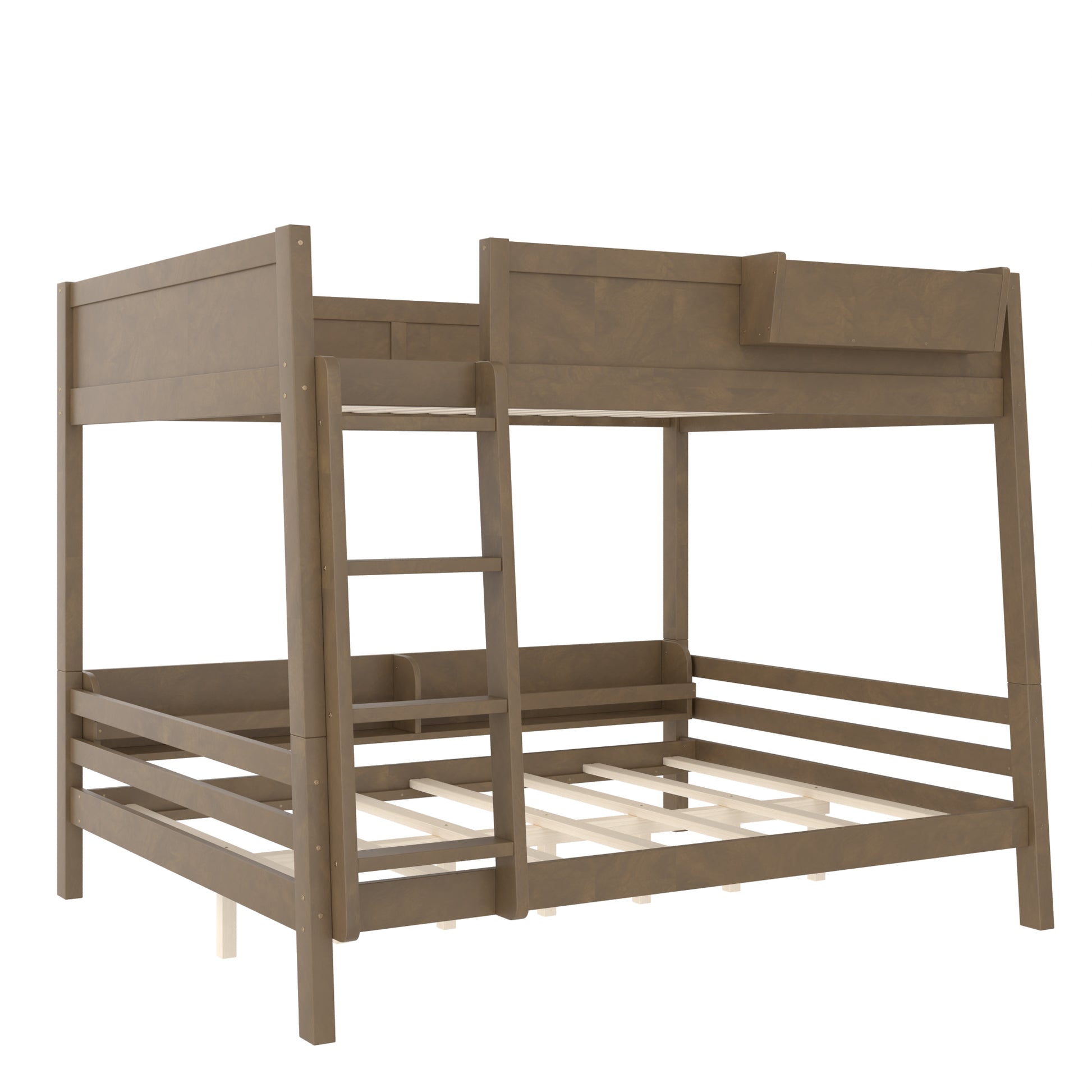 Queen Bunk Bed With Storage Shelf and Bookshelf,Wood Bunk Bed with Ladder and Guardrails,Detachable Design,Vintage brown image 5