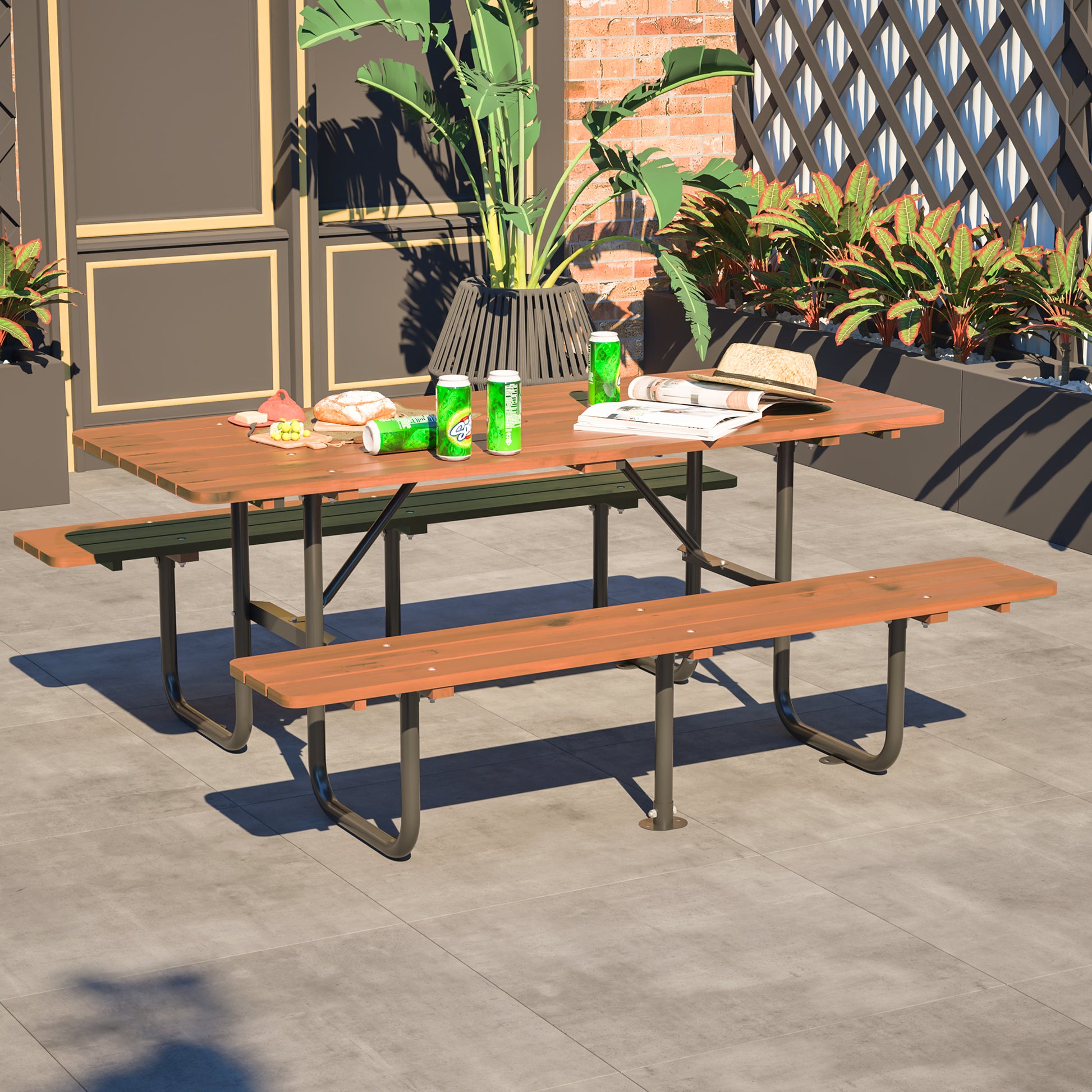 72" Rectangular Outdoor Picnic Table for 6 Person,Heavy Duty Wooden Dining Set with Built-in Benches, 1.97" Umbrella Hole, Waterproof&Corrosion-Resistant, Ideal for Garden, Backyard, BBQ,Courtyardfa image 1