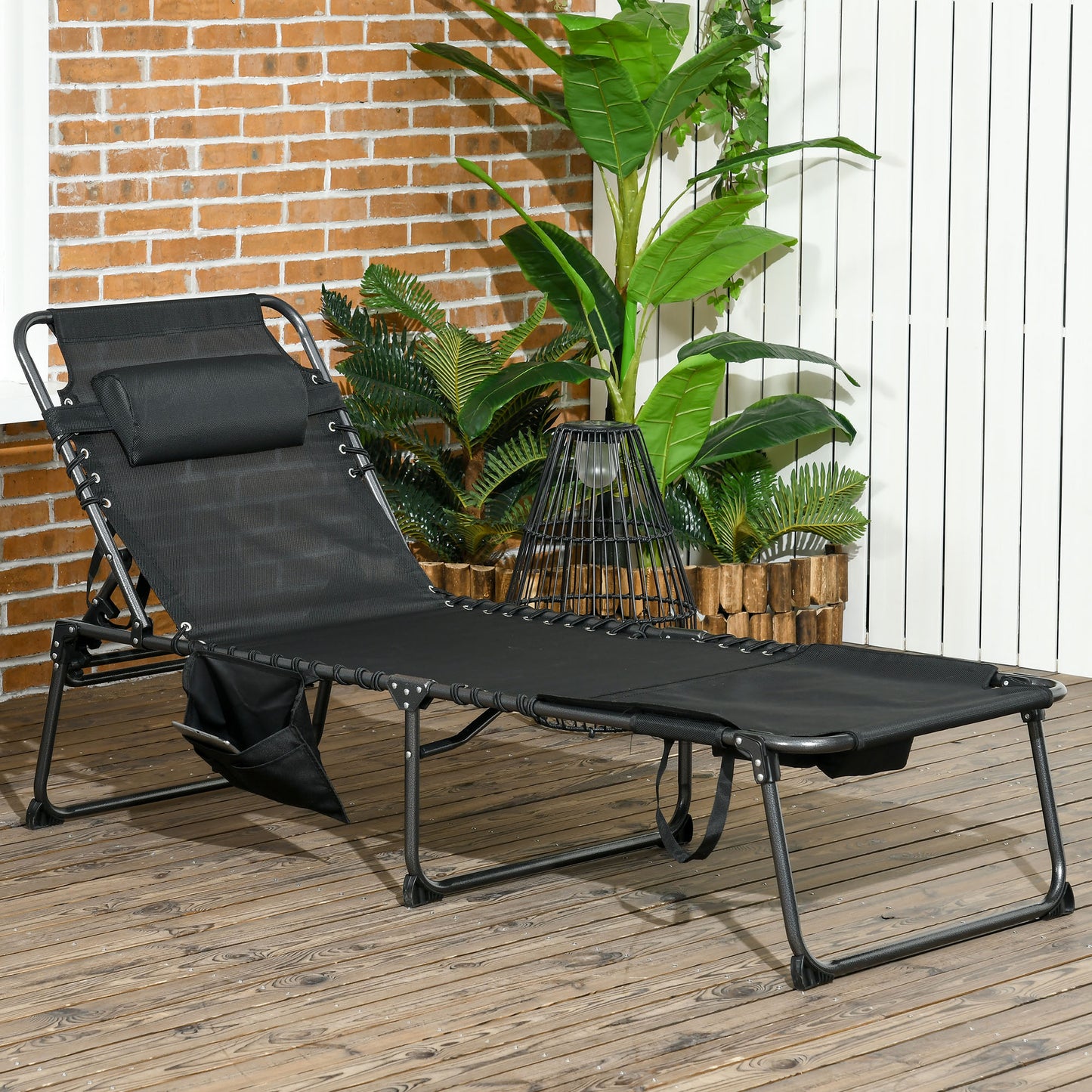 Outsunny Folding Chaise Lounge with 5-level Reclining Back, Outdoor Tanning Chair with Reading Face Hole, Outdoor Lounge Chair with Side Pocket & Headrest for Beach, Yard, Patio, Black image 2