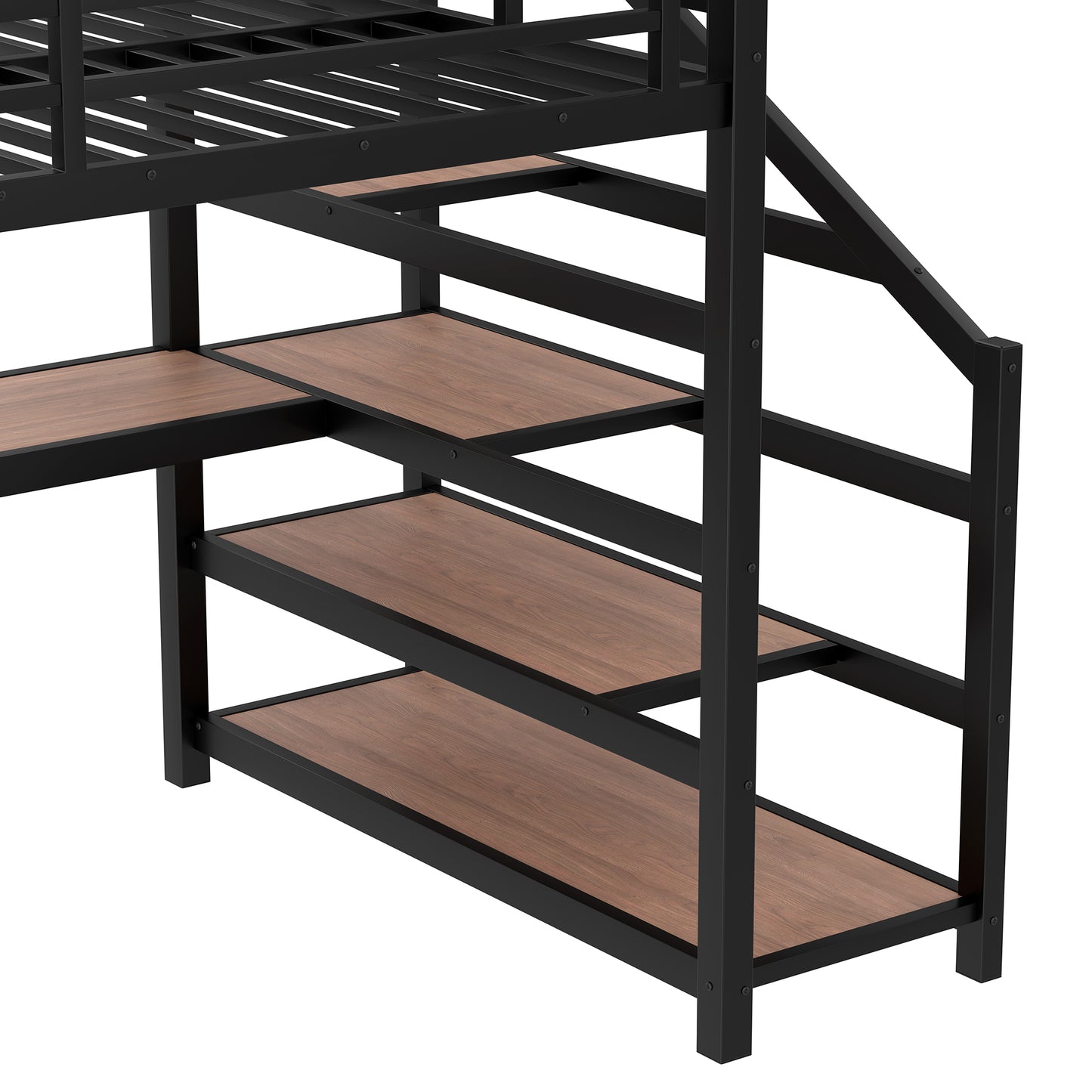 Full Loft Bed with Desk and Storage Stairs, Metal Loft Beds with LED Lights, USB Ports, Multifunctional Iron Nets, No Spring Box Needed and Noise-free, Black image 10