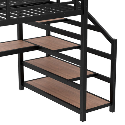 Full Loft Bed with Desk and Storage Stairs, Metal Loft Beds with LED Lights, USB Ports, Multifunctional Iron Nets, No Spring Box Needed and Noise-free, Black image 10