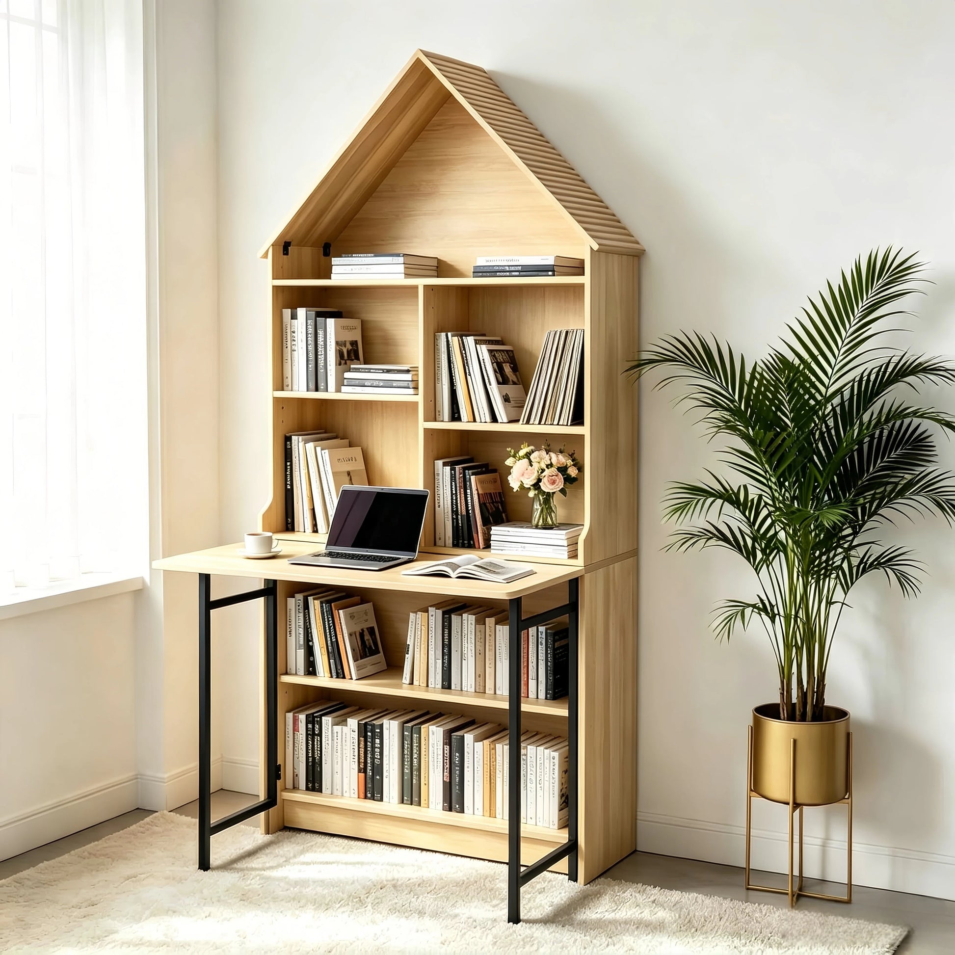 Folding Craft Desk with Storage Shelves, Convertible Hideaway Desk to Bookshelf, Foldable Desk with Storage, Disappearing Desk for Small Spaces, Multifunctional Converted Craft Table, Vanity Desk image 8