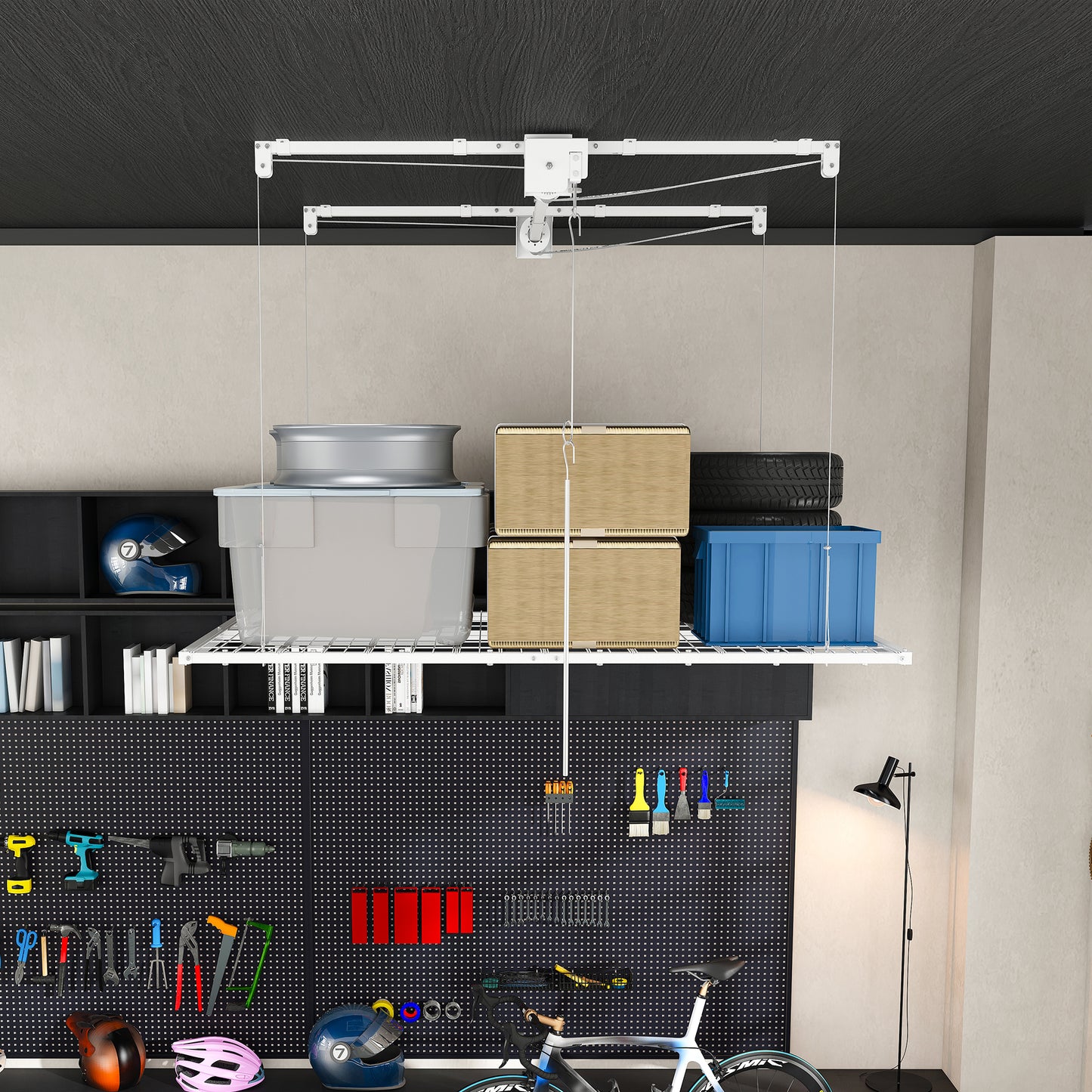 White Overhead Garage Storage Rack 4x8 FT for High Ceilings 10-12 FT, 350LBS Capacity All-Steel Construction with Safety Lock (Installation Required, Heavy-Duty Garage Organizer) image 4