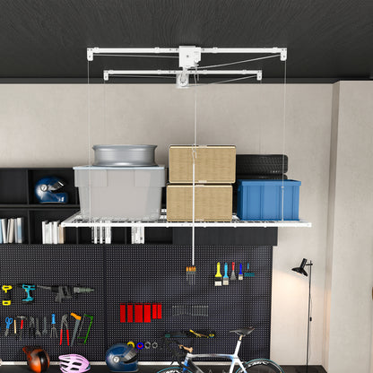 White Overhead Garage Storage Rack 4x8 FT for High Ceilings 10-12 FT, 350LBS Capacity All-Steel Construction with Safety Lock (Installation Required, Heavy-Duty Garage Organizer) image 4