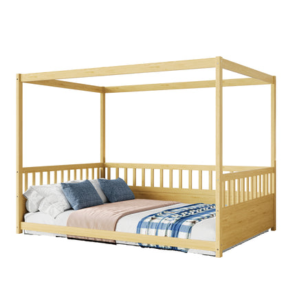 Full Size Canopy Bed Frame with Guardrails for Kids,Floor Bed Full with Four Poster Design,Kids Montessori Floor Bed,Wood Canopy Bed Frame for Girls,Boys(Full,Natural) image 7