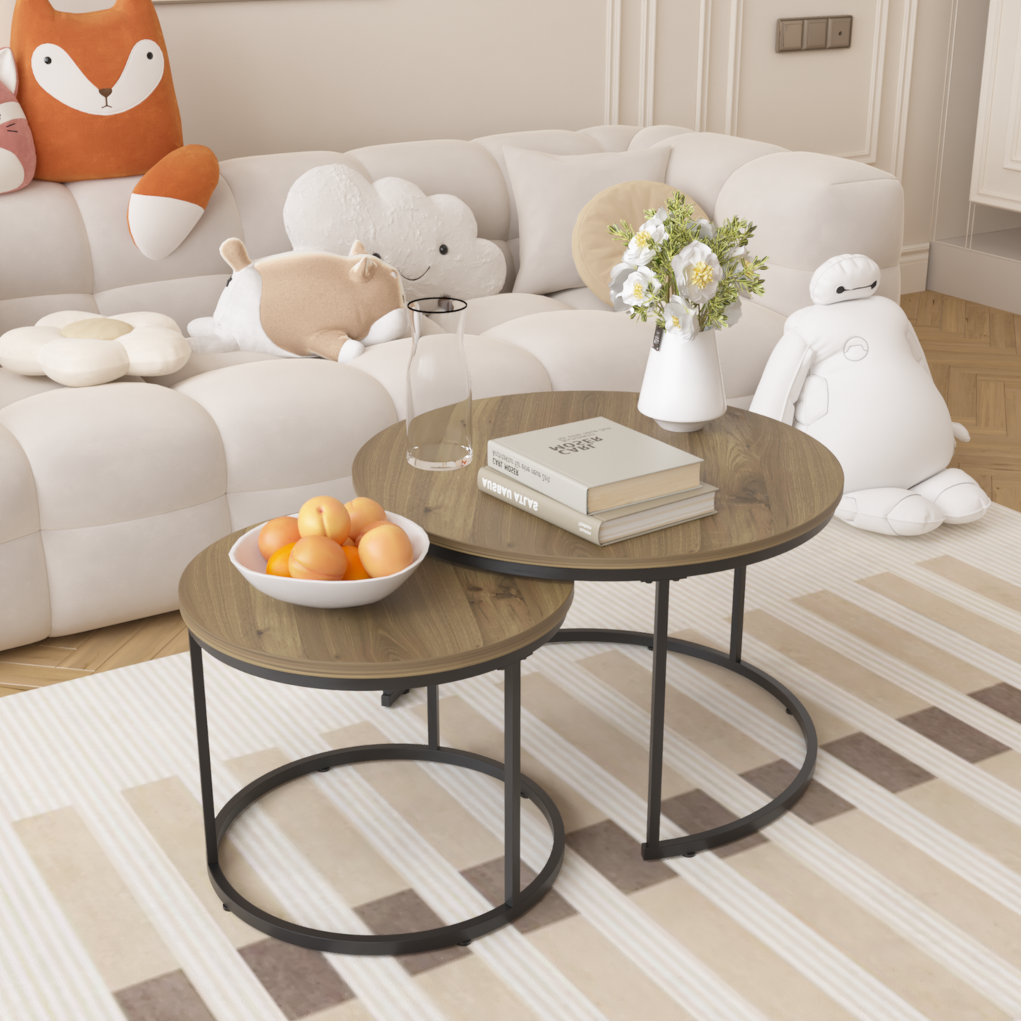 27.6" Nesting Coffee Table Set of 2, Round Coffee Table Wood Marble Pattern Top with Sturdy Metal Frame, End Table Side Tables for Living Room Bedroom Balcony Yard (Brown) image 8