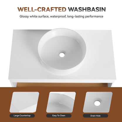 36" Floating Bathroom Vanity with Glossy White Round Vessel Sink, Wall-Mounted Vanity with Open Shelf Storage, White Finish with Durable Countertop, Space-Saving Modern Design (Ships in 2 Boxes) image 8