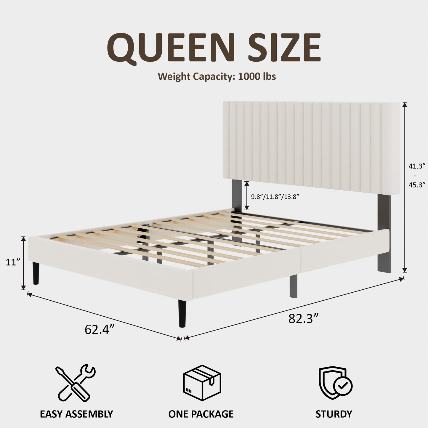 Queen Size Bed frame, Velvet Upholstered Platform Bed with Height-Adjustable Headboard, Sturdy Frame and Alats, Quiet Design, No-Spring Mattress Compatible, Easy to Assemble, Beige image 2