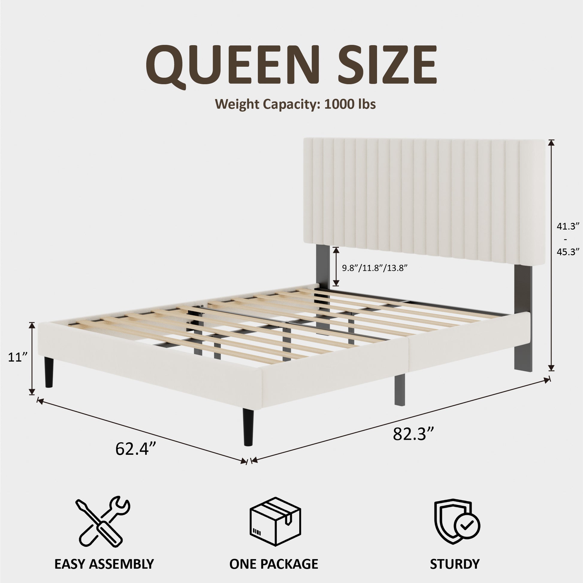 Queen Size Bed frame, Velvet Upholstered Platform Bed with Height-Adjustable Headboard, Sturdy Frame and Alats, Quiet Design, No-Spring Mattress Compatible, Easy to Assemble, Beige image 2