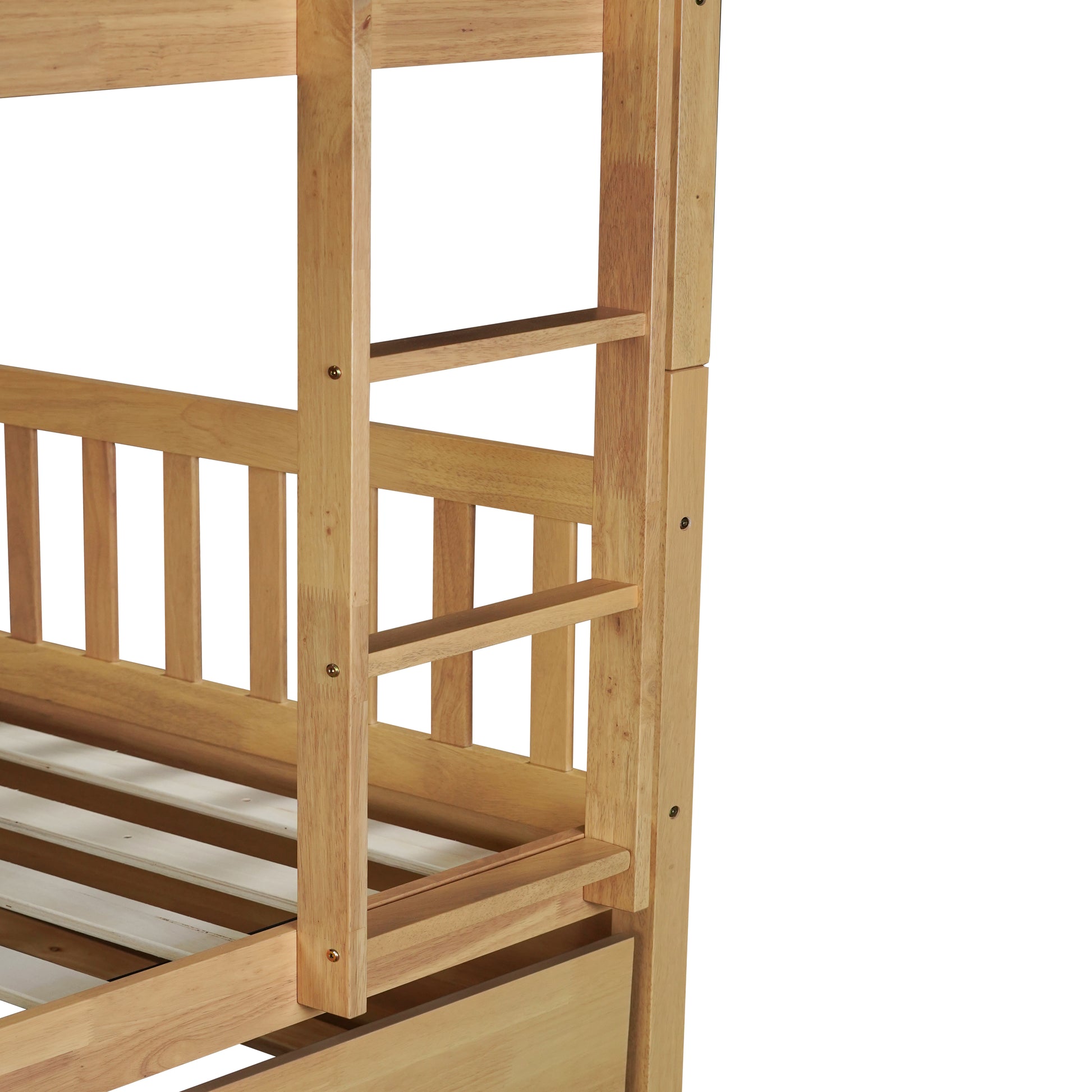 Full Over Full Rubber Wood Bunk Bed with Trundle, Ladder and Guardrails, Convertible to 2 Full Size Beds, with Twin Size Trundle,Natural (Old Sku W504S00180) image 7