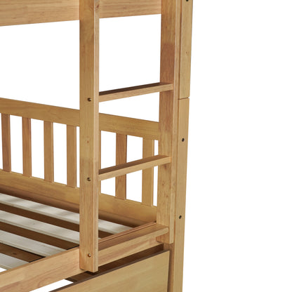 Full Over Full Rubber Wood Bunk Bed with Trundle, Ladder and Guardrails, Convertible to 2 Full Size Beds, with Twin Size Trundle,Natural (Old Sku W504S00180) image 7