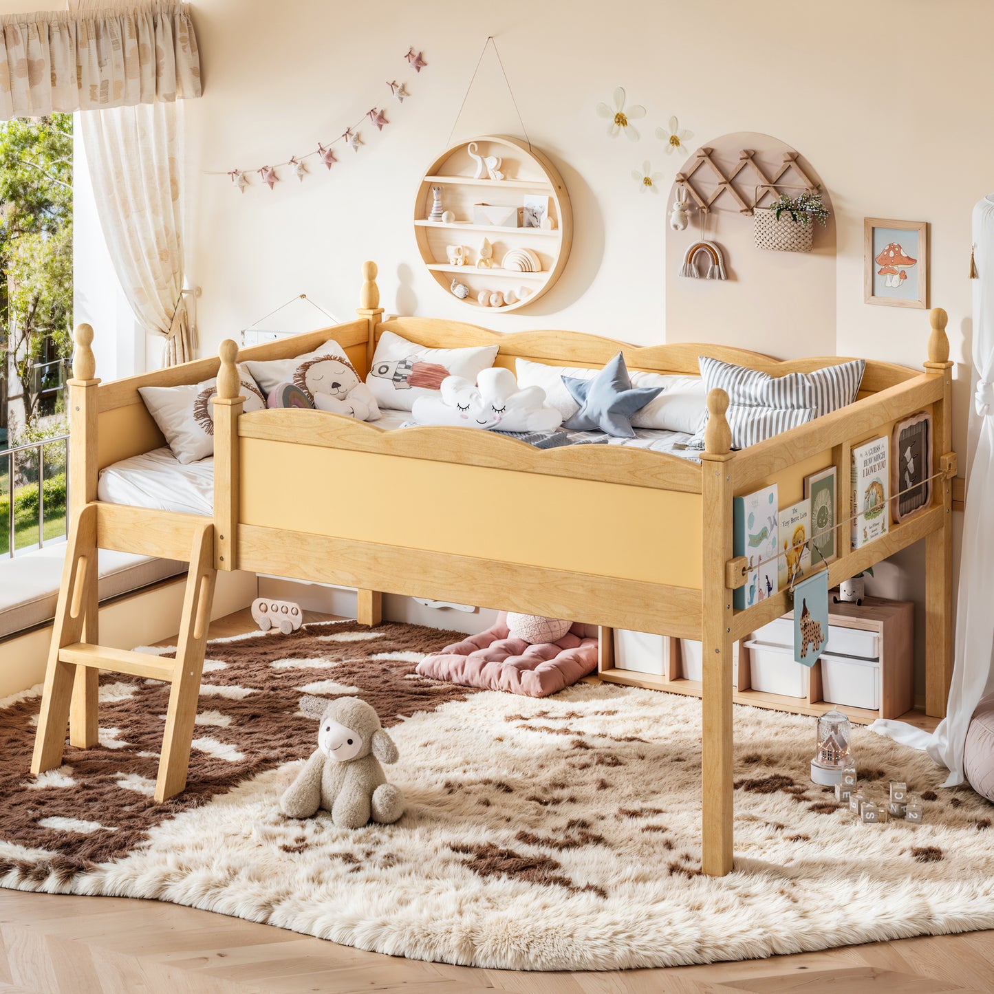 Full Size Loft Bed with Full-Length Guardrails, Solid Wood Low Loft Bed with Ladders and Beside Book Shelf, Chic Shape and Low Profile Design, Natural image 3