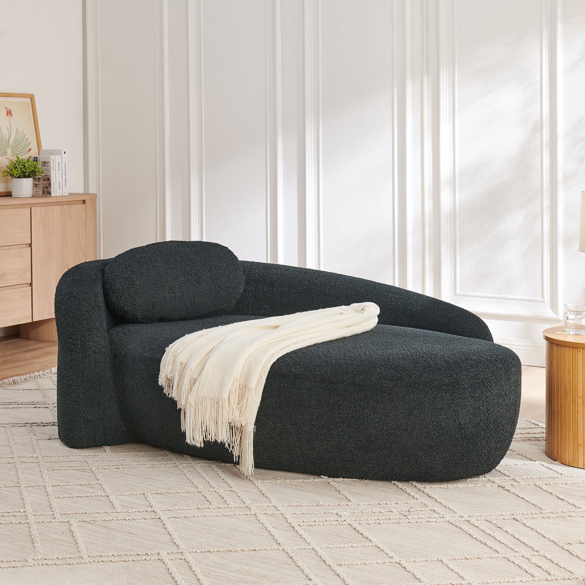 Modern Oval Single Lazy Sofa Chair with Integrated Backrest, Side Armrest and Pillow, Compact Space-Saving Lounge Chair for Living Room Bedroom-Black image 1