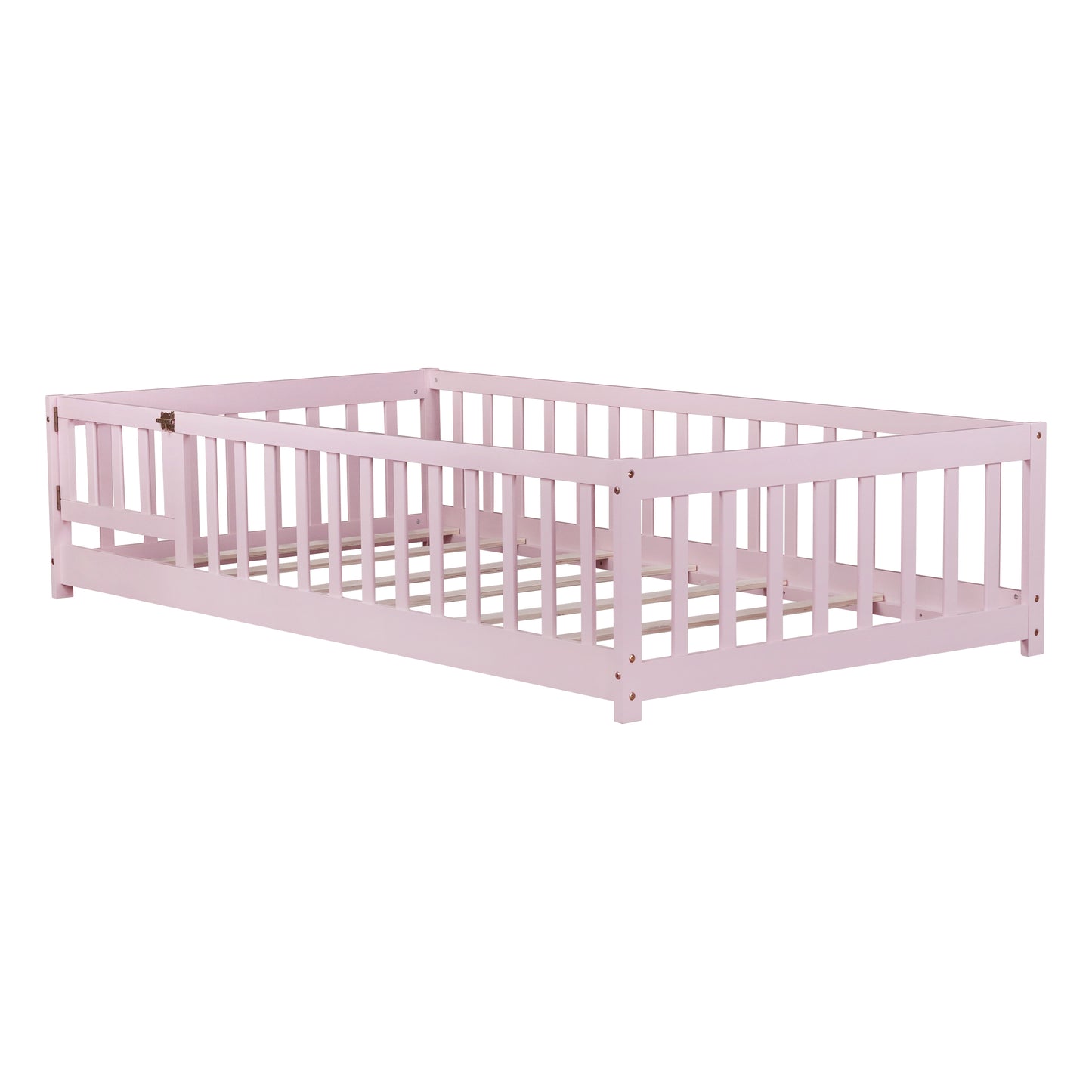 Twin Size Floor Bed with Fence and Door,Rubber Wood Floor Bed with Safety Guardrails,Pink image 2