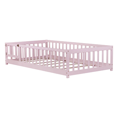 Twin Size Floor Bed with Fence and Door,Rubber Wood Floor Bed with Safety Guardrails,Pink image 2