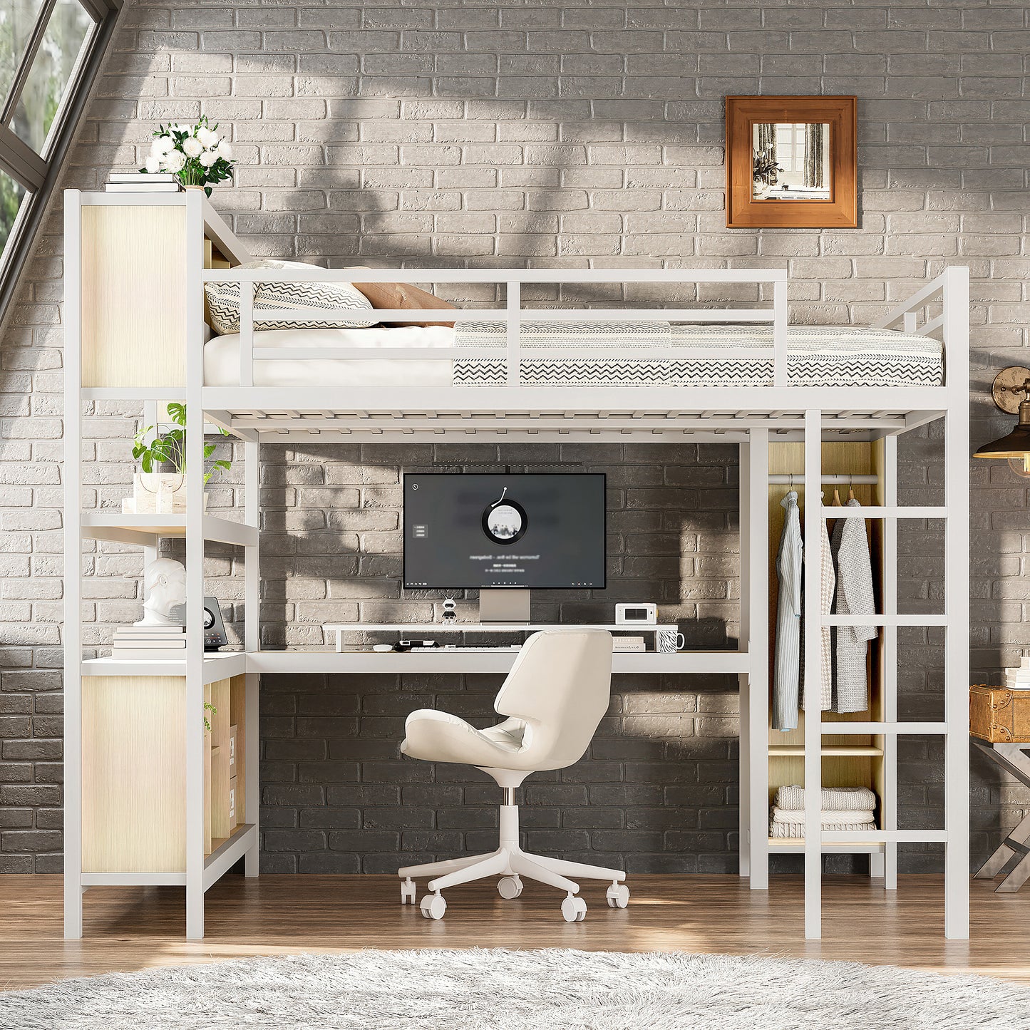 Metal Loft Bed with Wardrobe And L-shaped Desk, Queen Size Loft Bed with Storage Cubes and Shelves, Heavy Duty Loft Bed for Kids Teens Adults, White Wood-grain image 2