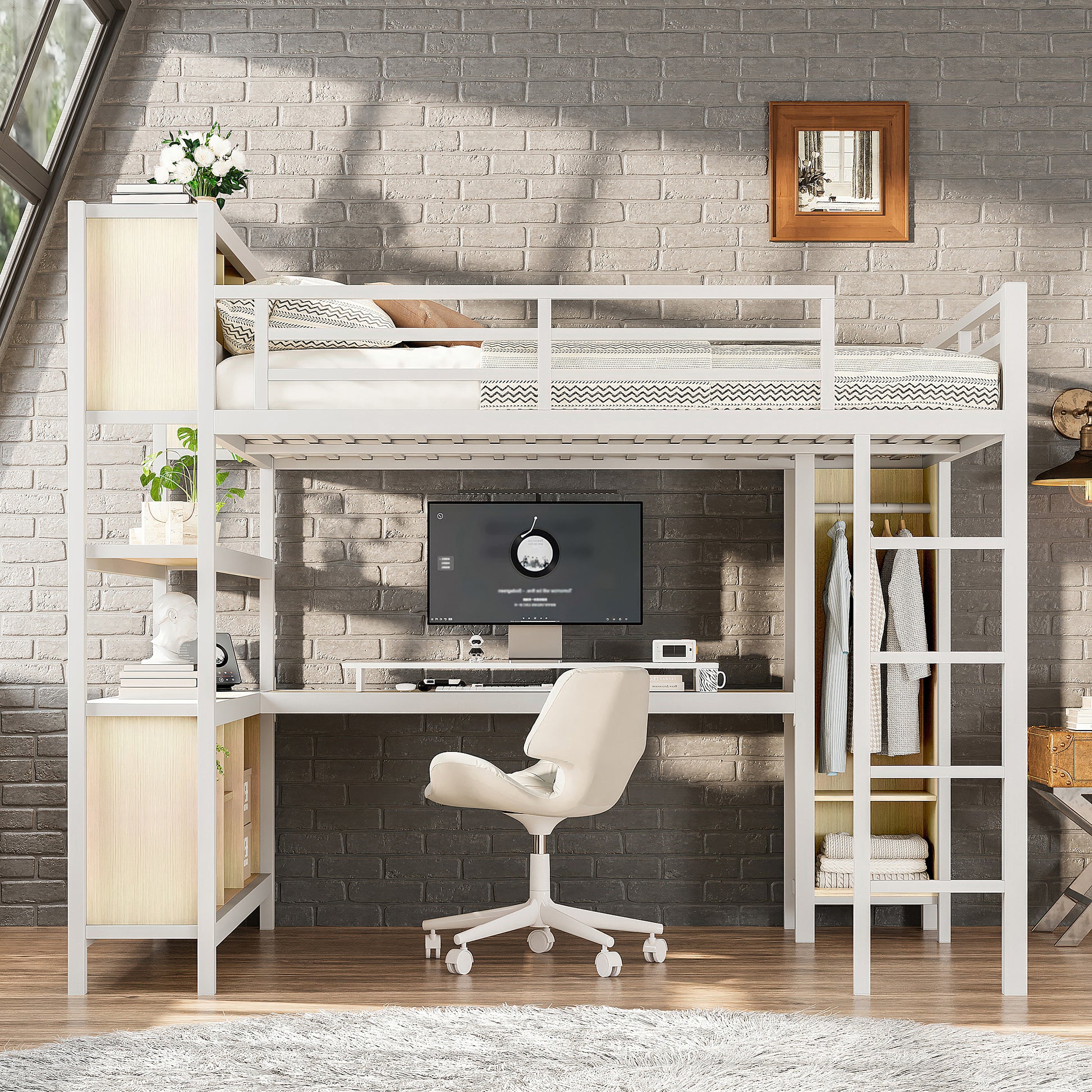 Metal Loft Bed with Wardrobe And L-shaped Desk, Queen Size Loft Bed with Storage Cubes and Shelves, Heavy Duty Loft Bed for Kids Teens Adults, White Wood-grain image 2