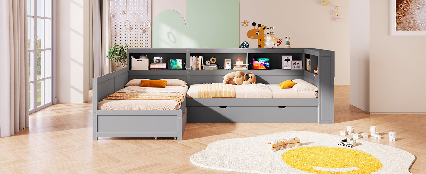 Wood Twin Size L-shaped Platform Bed with Trundle and a Drawer, Grey(Old SKU:N7090001045E) image 10