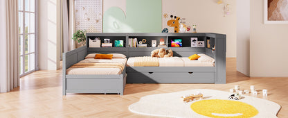Wood Twin Size L-shaped Platform Bed with Trundle and a Drawer, Grey(Old SKU:N7090001045E) image 10
