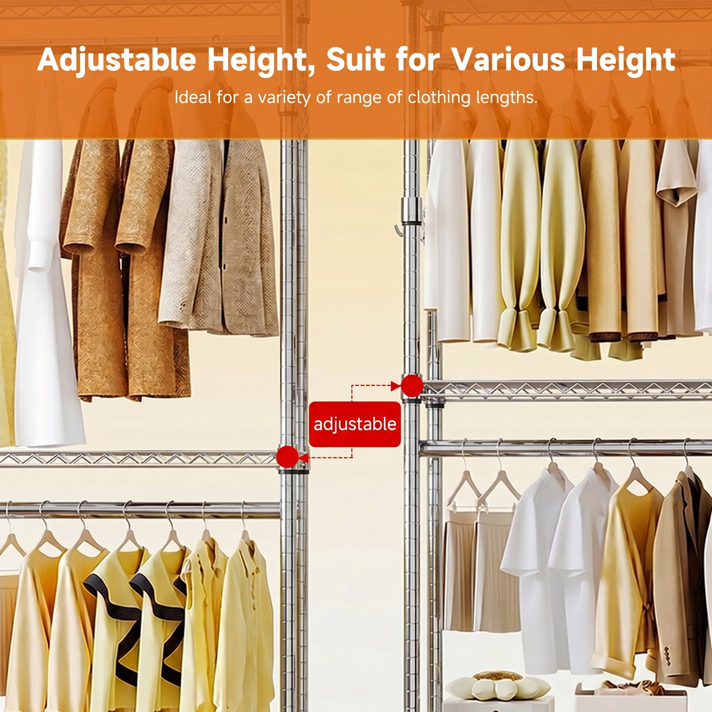 Heavy Duty Rolling Garment Rack 3 Tiers Adjustable Wire Shelving Clothes Rack with 2 Rods and Side Hooks,Storage Closet Clothing Rack with Wheels Chrome 15.7" D x 29.5" W x 74.5" H image 3