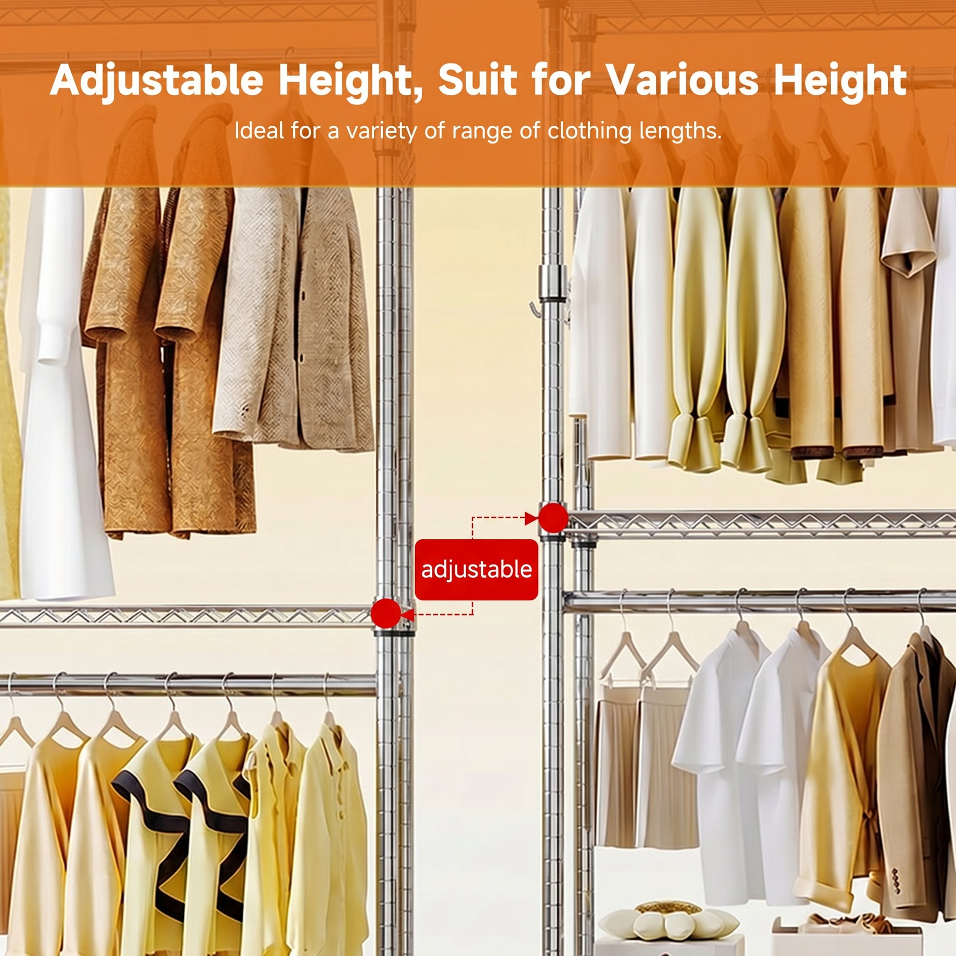 Heavy Duty Rolling Garment Rack 3 Tiers Adjustable Wire Shelving Clothes Rack with 2 Rods and Side Hooks,Storage Closet Clothing Rack with Wheels Chrome 15.7" D x 29.5" W x 74.5" H image 3