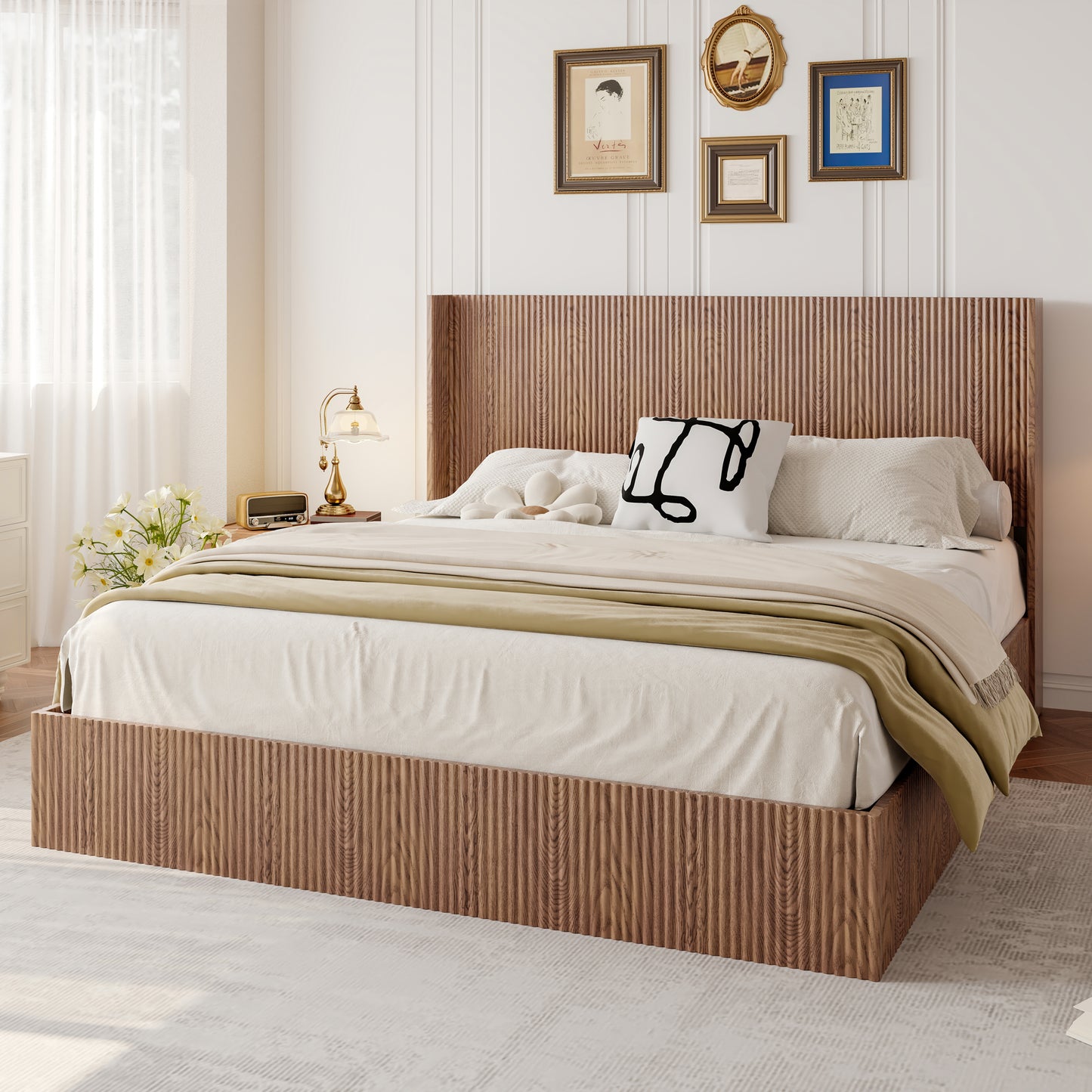 Large grooved undulating lift storage bed frame, wooden platform bed frame with lift storage, no spring box required/no noise, rustic brown slatted natural wood(King) image 2