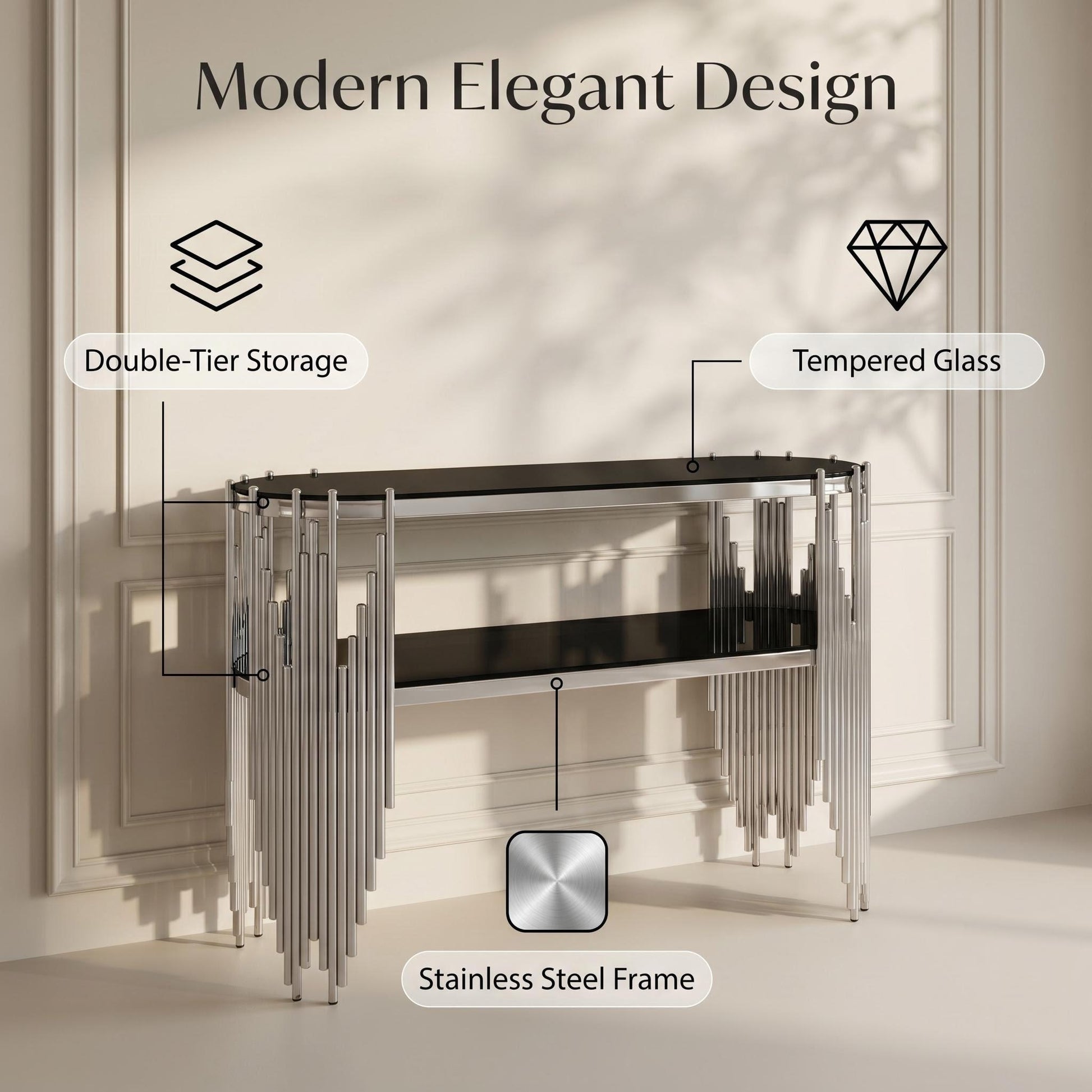 Luxury Silver Console Table with 2-Tier Black Tempered Glass Shelves, Modern Oval Entryway Table for Hallway & Living Room, Polished Stainless Steel Frame, 47" x 15.7" x 31.5" image 7