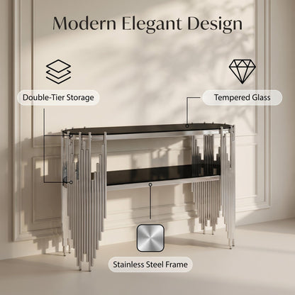 Luxury Silver Console Table with 2-Tier Black Tempered Glass Shelves, Modern Oval Entryway Table for Hallway & Living Room, Polished Stainless Steel Frame, 47" x 15.7" x 31.5" image 7