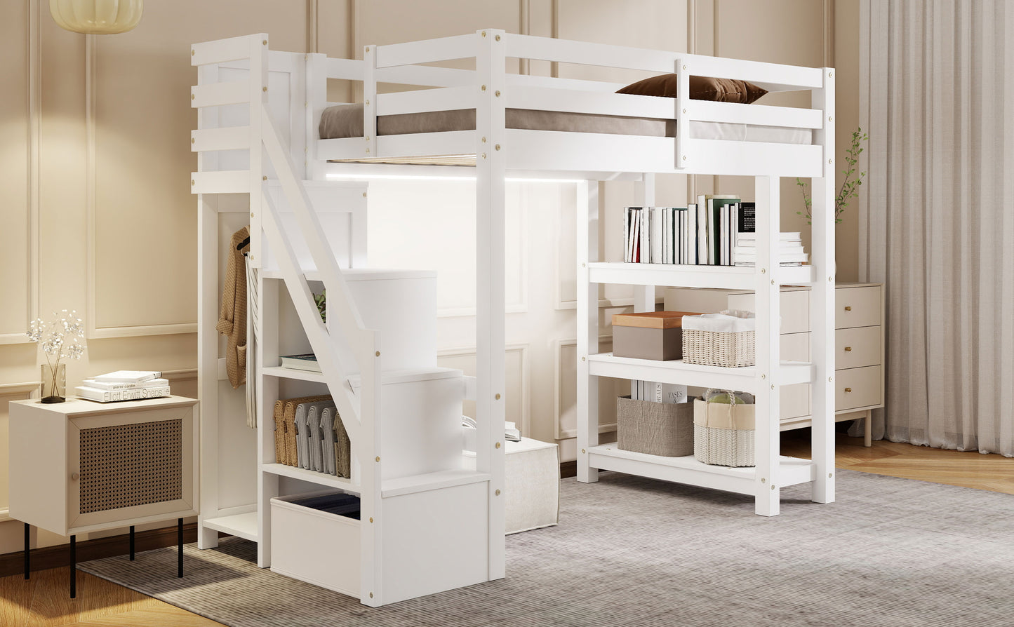 Twin Size Loft Bed with Shelves, Storage Staircase, Small Wardrobe and White LED Light, White image 8