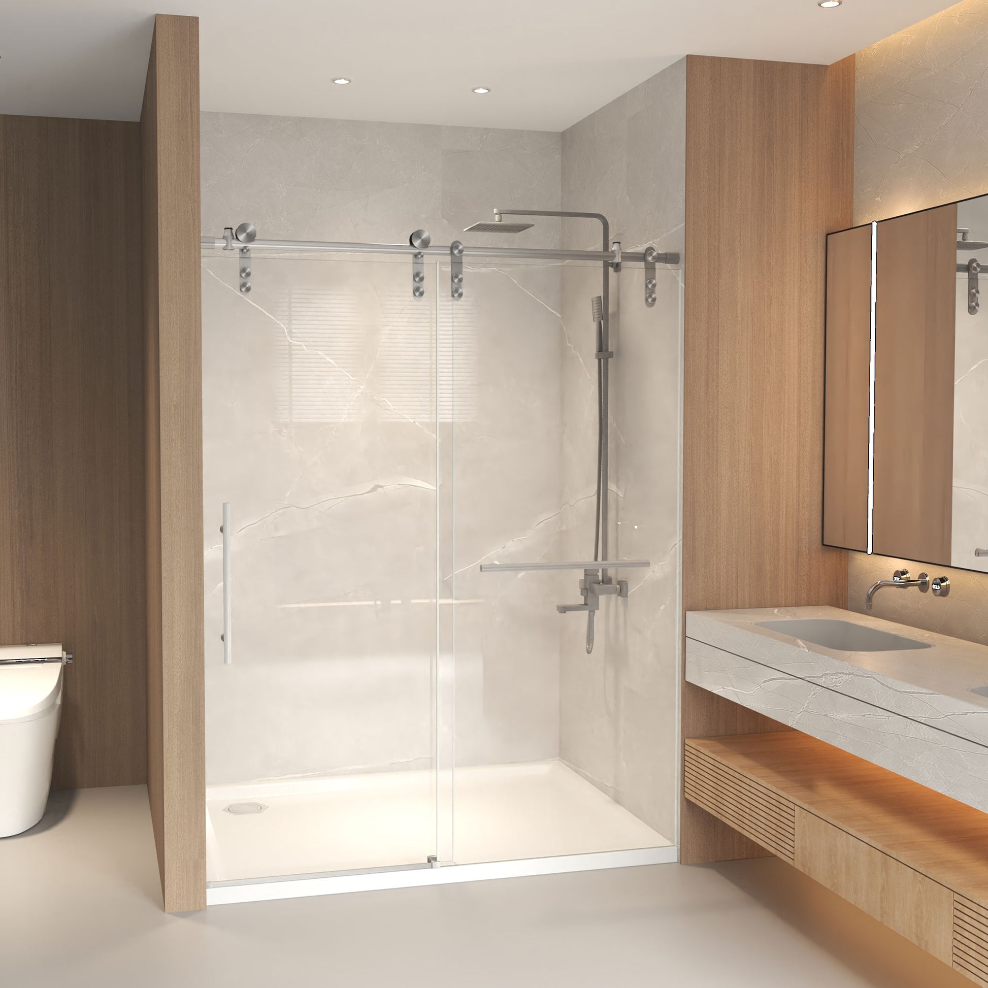 44-48" x 76" H Frameless Sliding Shower Door, 5/16" (8mm) Clear Tempered Glass, Stainless Steel Frame,Brushed Nickel image 2