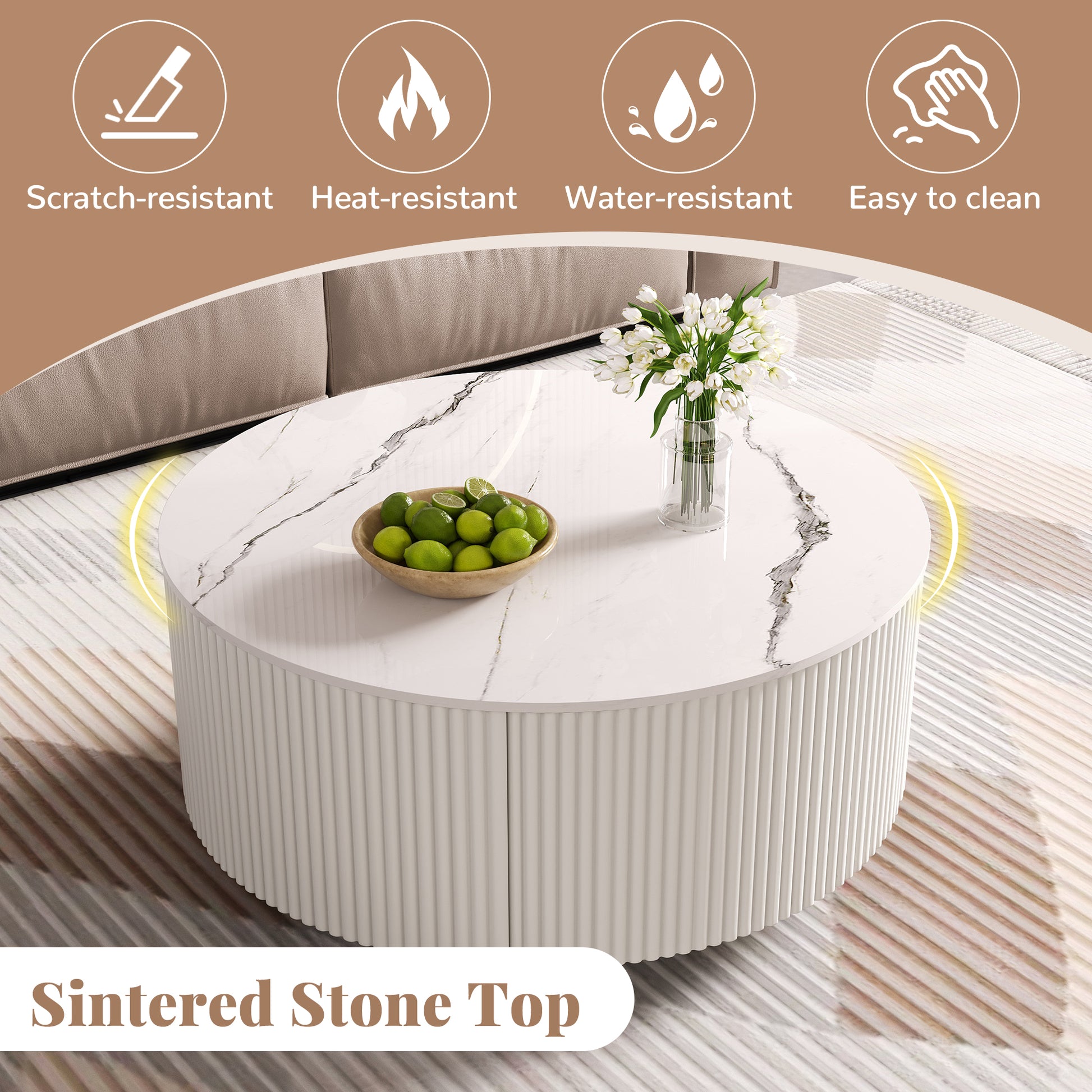Modern Round Movable Coffee Table with Casters, 2 Drawers, Marble Pattern Sintered Stone Top, White, 29.5" image 8