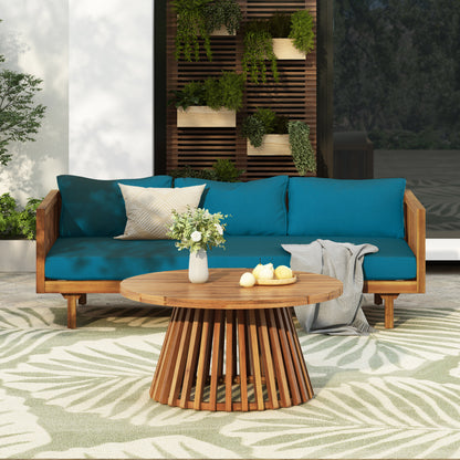 Acacia Wood Patio Furniture Set,Outdoor 3 Seater Daybed(with Water Resistant Thick Cushions)and Round Coffee Table, Dark Teal Cushion image 4