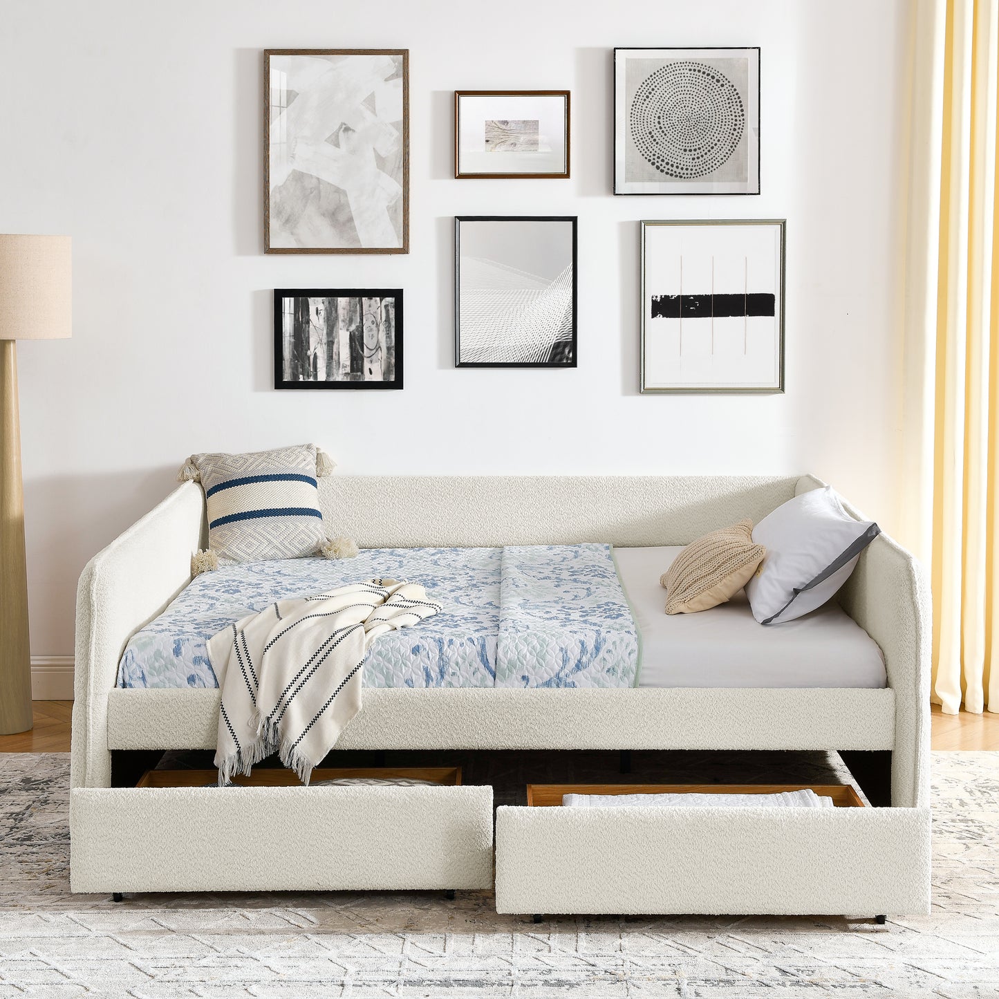 Daybed with Trundle Upholstered Tufted Sofa Bed, with Two Drawers, Queen Size, Boucle Fabric, Beige(88"x65.5"x29.5") image 5
