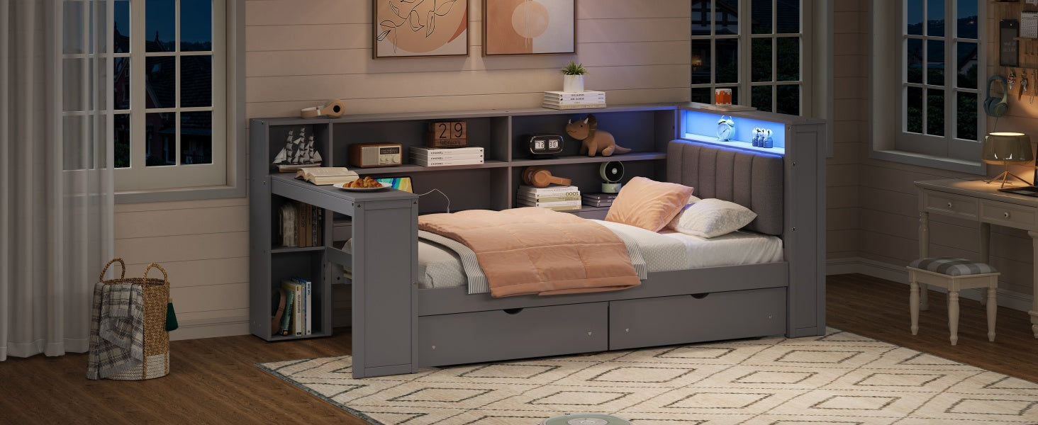 Wood Twin Size Platform Bed with Storage Shelves, Drawers, Charging Station, LED, Desk and Upholstered Headboard, Grey+ Grey Cushion image 9