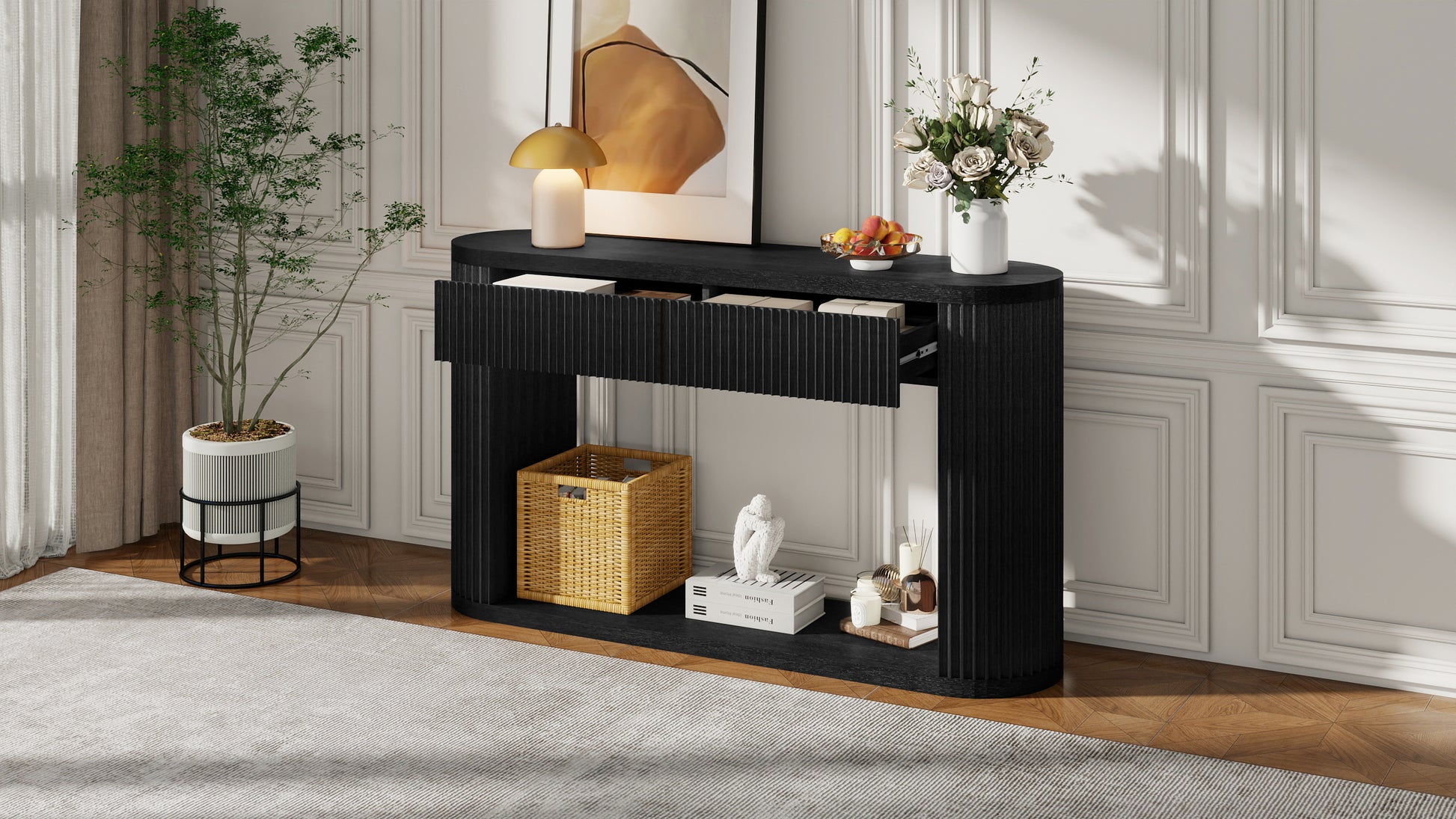 TREXM Oval Fluted Console Table with 2 Drawers and Bottom Shelf, Wood Entryway Table with Smooth Metal Slides for Living Room, Entryway (Black) image 3