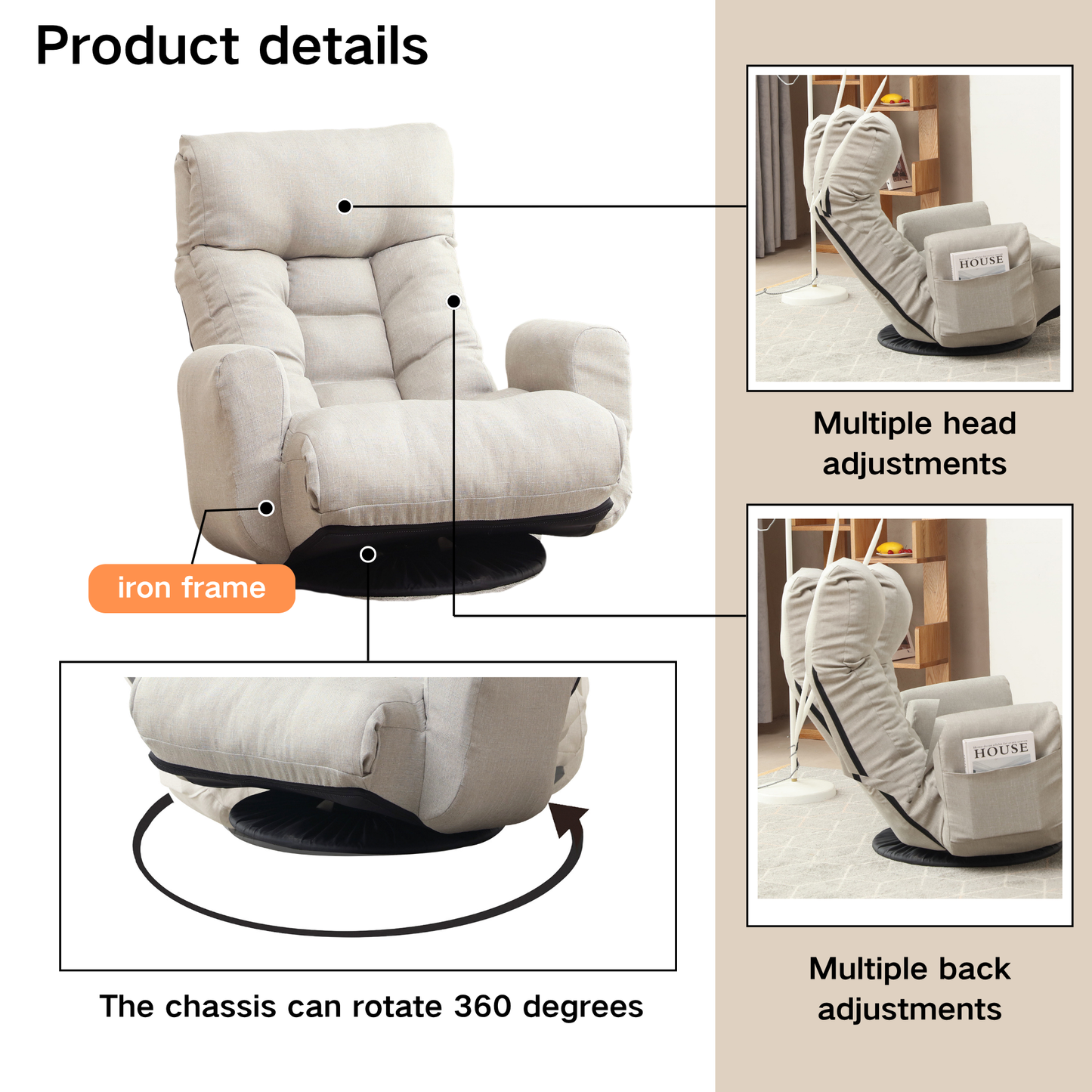 Adjustable head and waist, game chair, lounge chair in the living room, 360 degree rotatable sofa chair,Rotatable seat Leisure Chair deck chair image 6