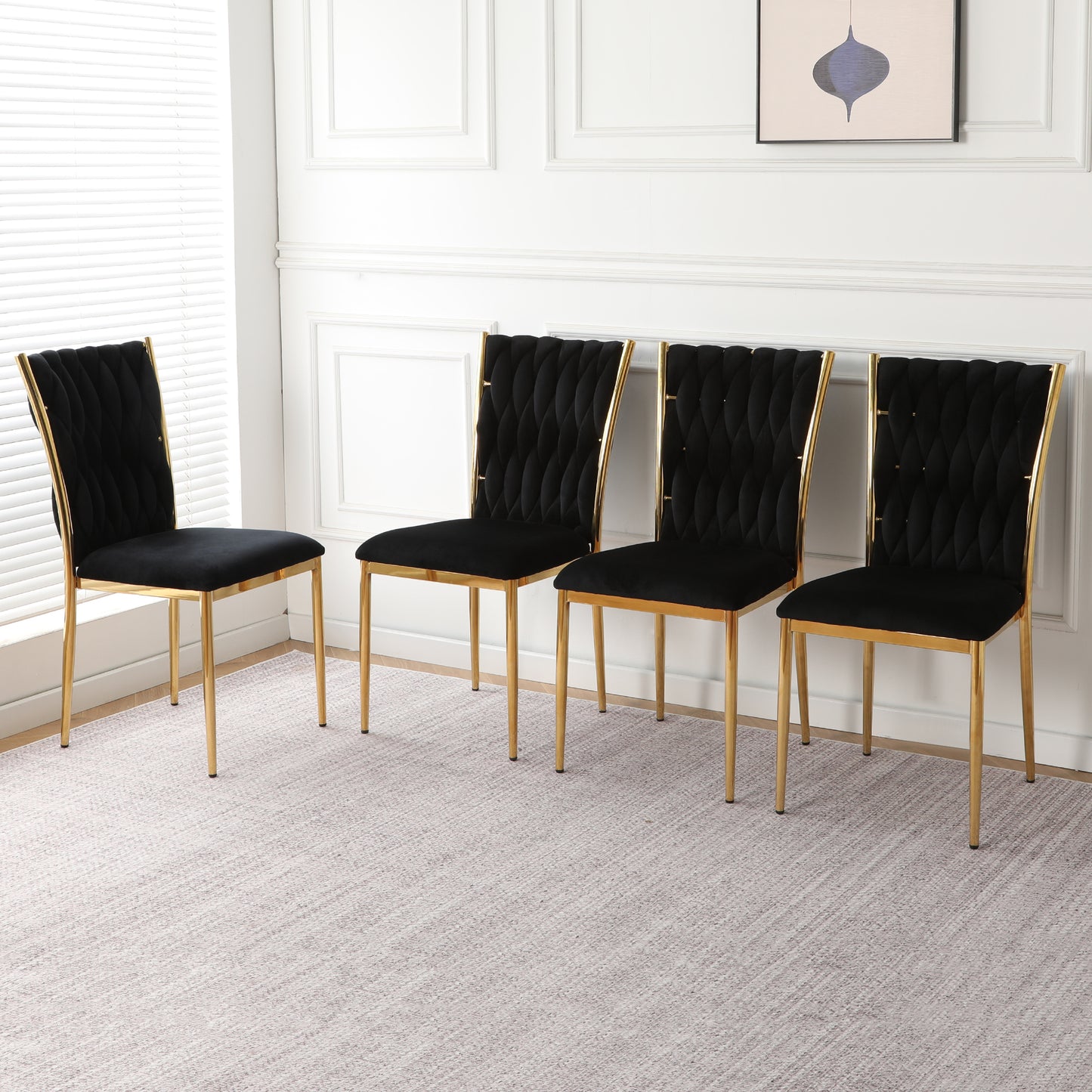 Modern simple black velvet dining chair, family bedroom stool back student table chair, gold-plated metal chair legs, suitable for dining room kitchen bedroom (set of 4) image 2