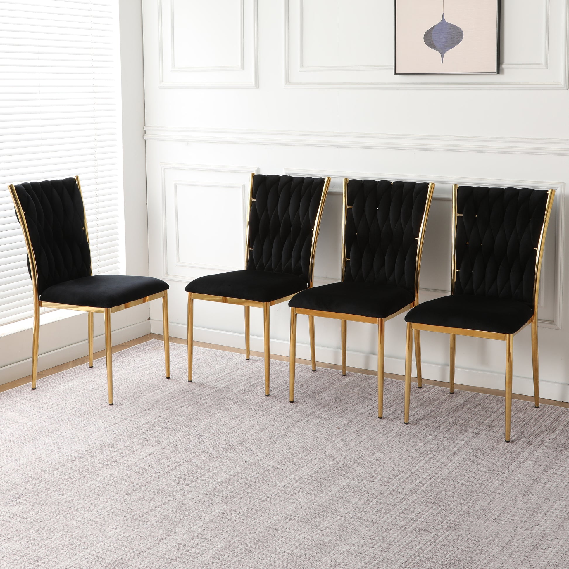 Modern simple black velvet dining chair, family bedroom stool back student table chair, gold-plated metal chair legs, suitable for dining room kitchen bedroom (set of 4) image 2