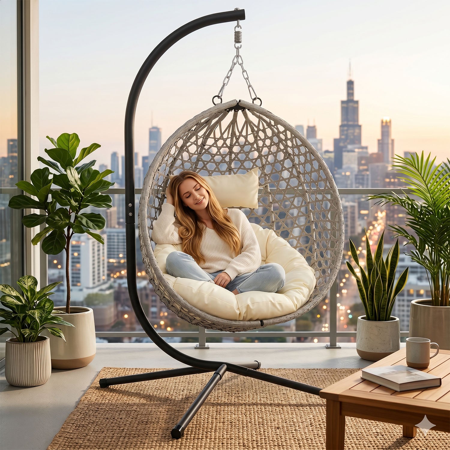 Folding PE Rattan Hanging Egg Chair with Stand, Gray Indoor Outdoor Hammock Swing Basket Chair, Aluminum Steel Frame for Patio Balcony Backyard Bedroom image 1