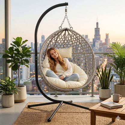 Folding PE Rattan Hanging Egg Chair with Stand, Gray Indoor Outdoor Hammock Swing Basket Chair, Aluminum Steel Frame for Patio Balcony Backyard Bedroom image 1
