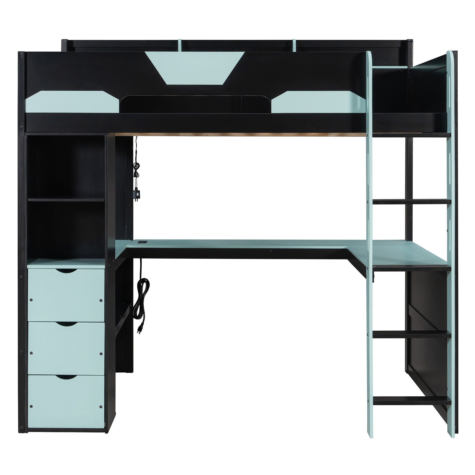 Full Size Wooden Gaming Loft Bed with U-Shaped Desk, Smart RGB LED Lights and USB Ports, Multi-Functional High Sleeper with 3 Drawers and Storage Shelves for Teens Adults, Black+Blue image 4