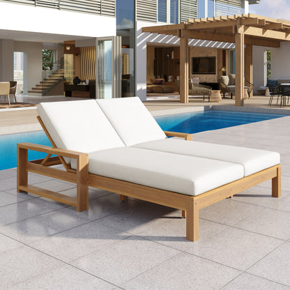 TREXM Outdoor Double Lounge Chair with 5-Position Adjustable Backrest for Each Seat, Wood Patio Chaise Lounge with Removable Cushions for Patio, Poolside, Garden (Light Teak+Beige cushion) image 1