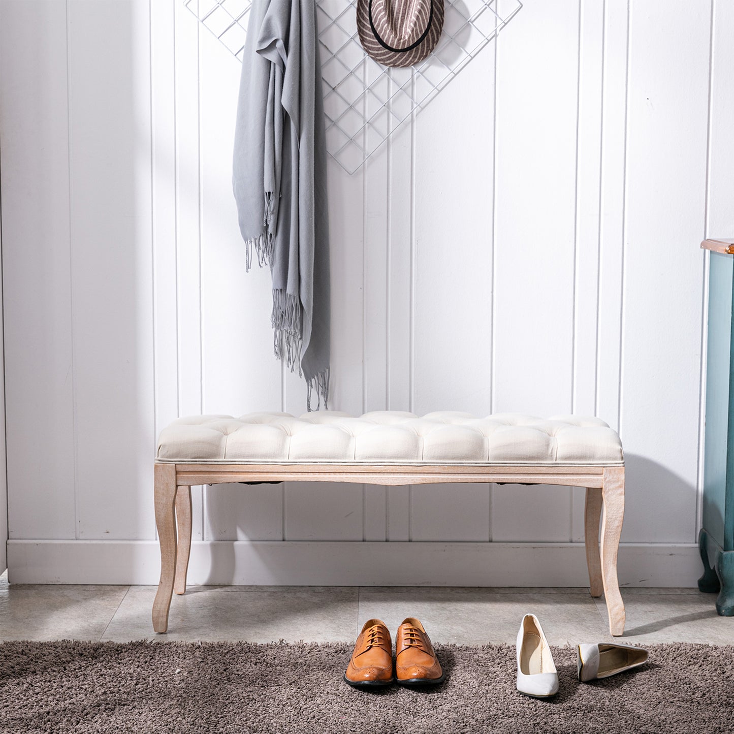 Bedroom Bench, French Vintage Tufted Entryway Bench, 43.3" Carving Upholstered End of Bed Bench with Distressed Wood Legs, Linen Ottoman Seat for Living Room, Foyer, Dining Room image 12