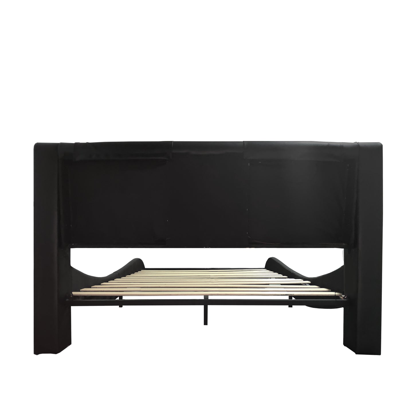 Faux Leather Upholstered Platform Bed Frame with led lighting, Bluetooth connection to play music control, Backrest vibration massage, Curve Design, Wood Slat Support, Exhibited Speakers, King Size image 7