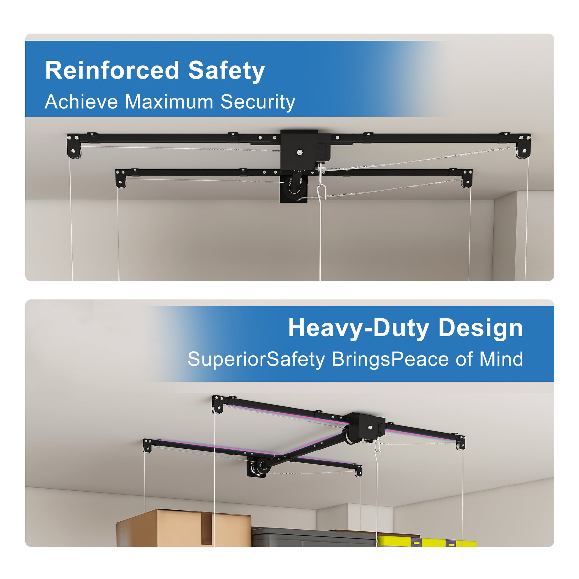 Black Overhead Garage Storage Rack 3x6 FT for High Ceilings 10-12 FT, 370LBS Capacity All-Steel Construction with Safety Lock (Installation Required, Heavy-Duty Garage Organizer) RR image 5