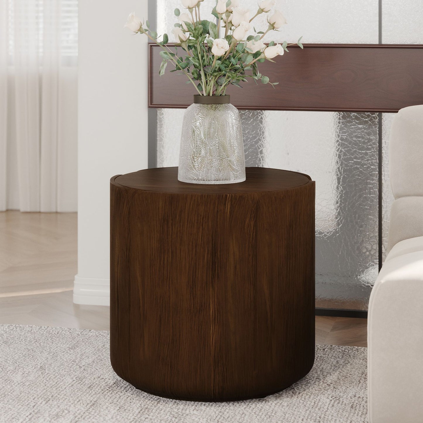 19.29"H Round Outdoor Indoor Side Table, Modern Wood Grain Patio Garden Stool, Sturdy MGO (Magnesium Oxide) Waterproof, No-Assembly Table for Patio, Garden, Backyard, Living Room (Brown) image 2