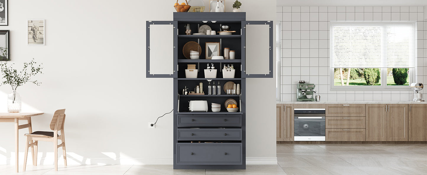 [Assembly Video Provided] TOPMAX 36x16.5x78inch Freestanding Kitchen Pantry Storage Cabinet,Multifunctional Cupboard with 3 Drawers,Adjustable Shelves and Power Outlet for Dining and Living Room,Grey image 4