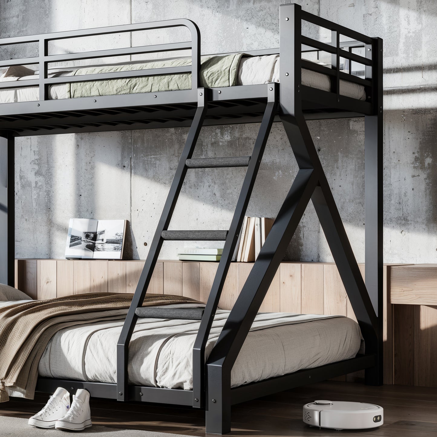 Twin XL over Queen Bunk Bed with ladders, Metal Bunk Bed with Full Upgraded Support Slats, Low Profile Bunk Bed, Black image 6