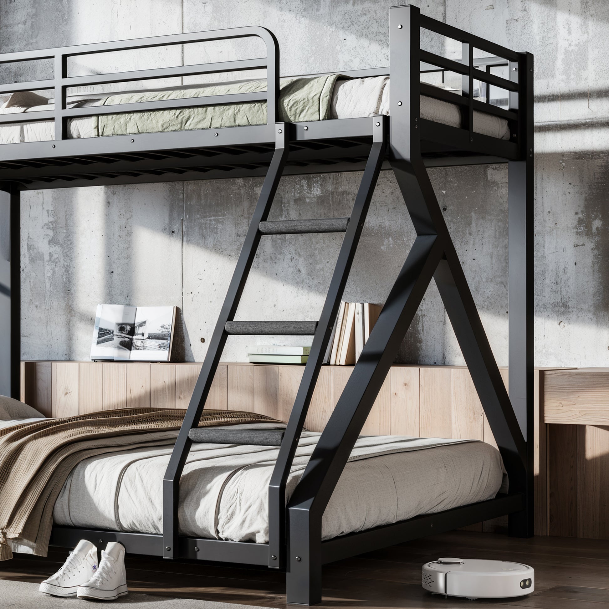 Twin XL over Queen Bunk Bed with ladders, Metal Bunk Bed with Full Upgraded Support Slats, Low Profile Bunk Bed, Black image 6